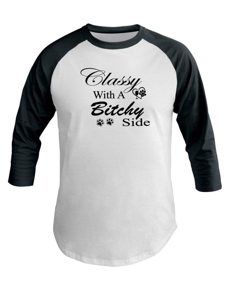 Shirts White/Forest / XS Winey Bitches Co "Classy with a Bitchy Side" White Letters 3/4 Sleeve Raglan Shirt WineyBitchesCo