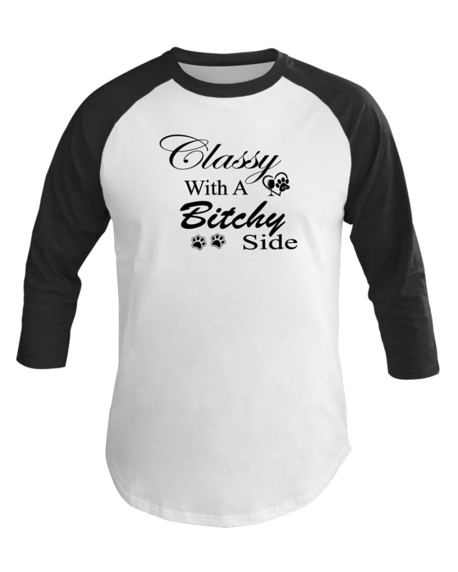 Shirts White/Hth Black / XS Winey Bitches Co "Classy with a Bitchy Side" White Letters 3/4 Sleeve Raglan Shirt WineyBitchesCo