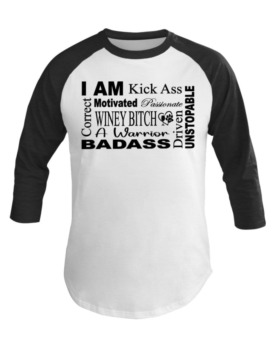 Shirts White/Hth Black / XS Winey Bitches Co "I Am Motivated" Black Lettering-3/4 Sleeve Raglan Shirt WineyBitchesCo