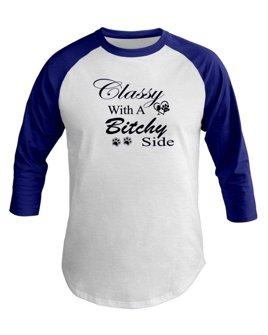 Shirts White/Lapis / XS Winey Bitches Co "Classy with a Bitchy Side" White Letters 3/4 Sleeve Raglan Shirt WineyBitchesCo