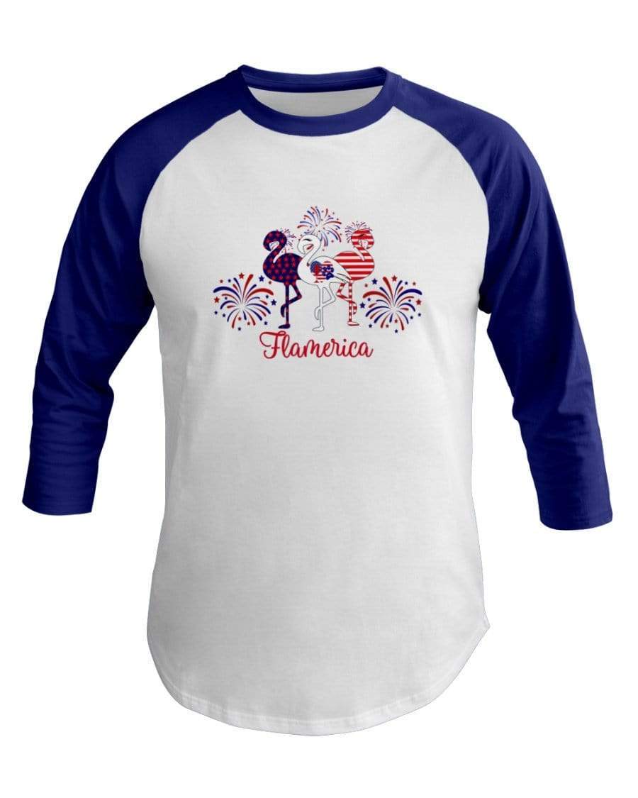 Shirts White/Lapis / XS Winey Bitches Co " Flamerica" Patriotic Flamingo 3/4 Sleeve Raglan Shirt WineyBitchesCo