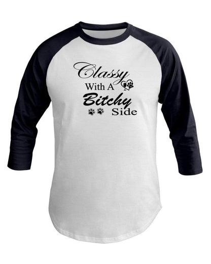 Shirts White/Navy / XS Winey Bitches Co "Classy with a Bitchy Side" White Letters 3/4 Sleeve Raglan Shirt WineyBitchesCo