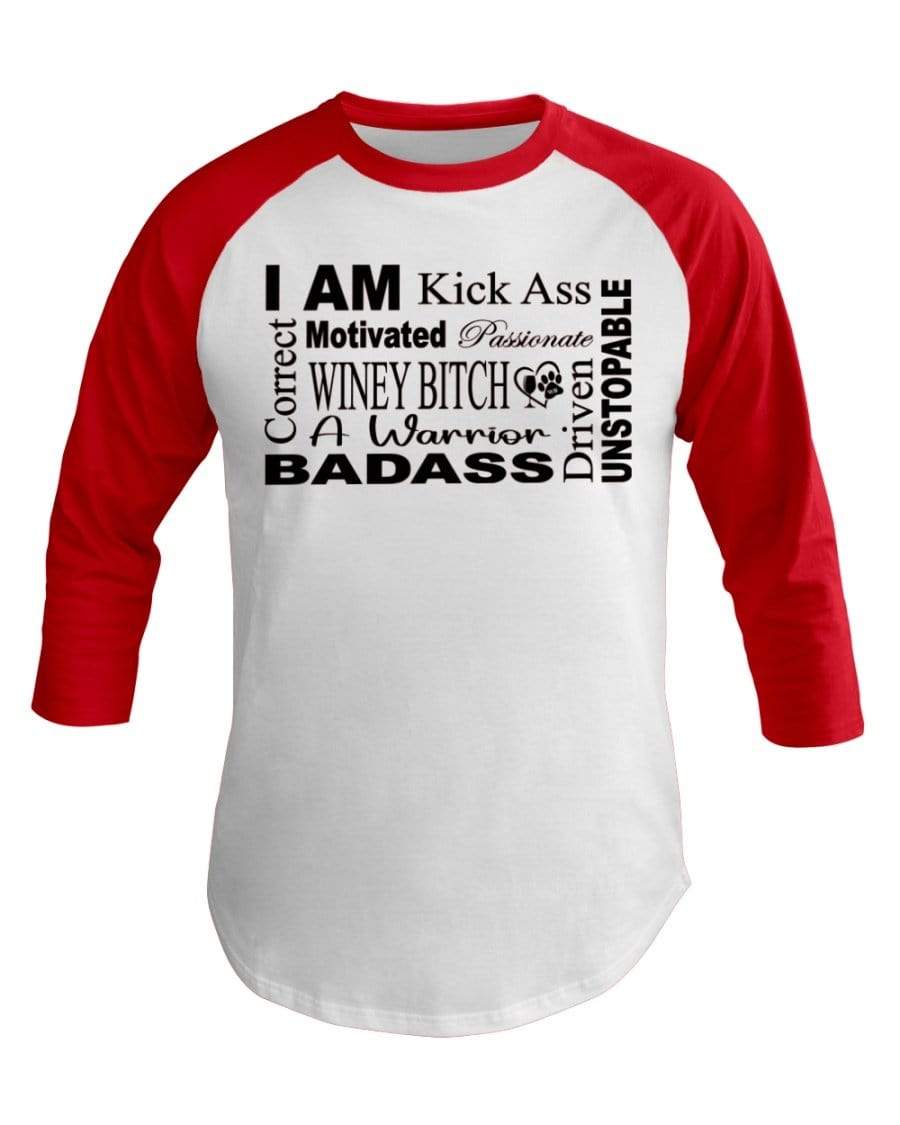 Shirts White/Red / XS Winey Bitches Co "I Am Motivated" Black Lettering-3/4 Sleeve Raglan Shirt WineyBitchesCo