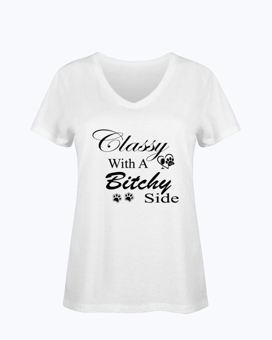Shirts White / S Winey Bitches Co "Classy with a Bitchy Side" White Letters Ladies HD V Neck T WineyBitchesCo
