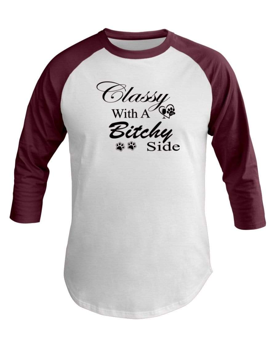 Shirts White/Truffle / XS Winey Bitches Co "Classy with a Bitchy Side" White Letters 3/4 Sleeve Raglan Shirt WineyBitchesCo