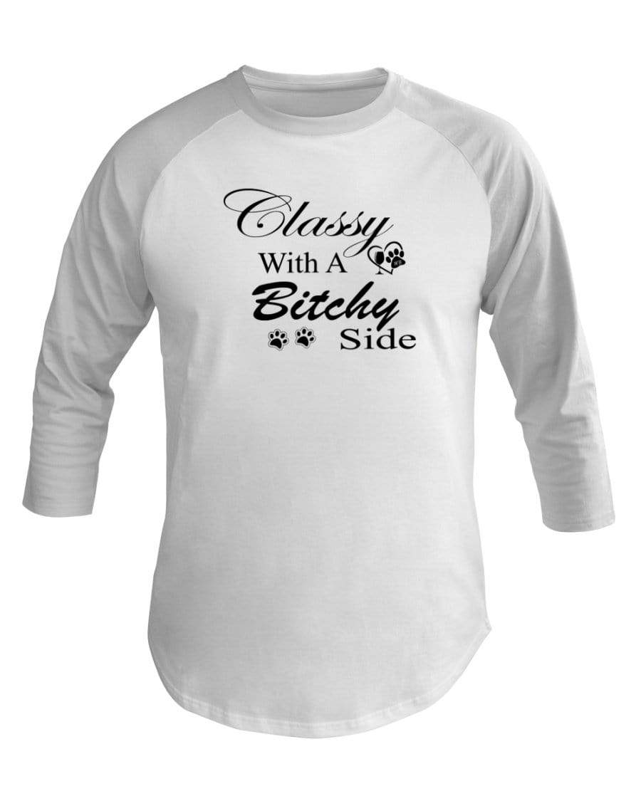 Shirts White / XS Winey Bitches Co "Classy with a Bitchy Side" White Letters 3/4 Sleeve Raglan Shirt WineyBitchesCo