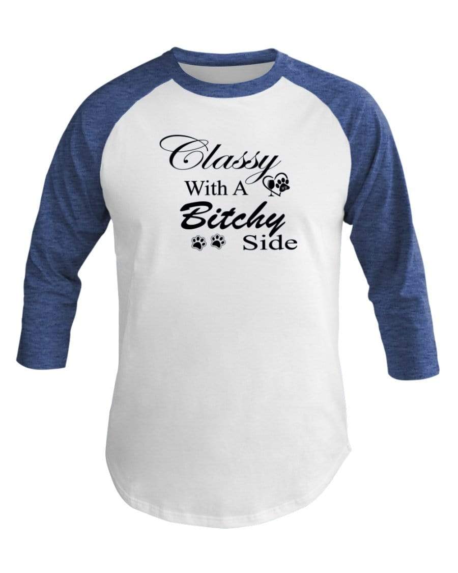 Shirts Wht/Hth Lke Blu / XS Winey Bitches Co "Classy with a Bitchy Side" White Letters 3/4 Sleeve Raglan Shirt WineyBitchesCo