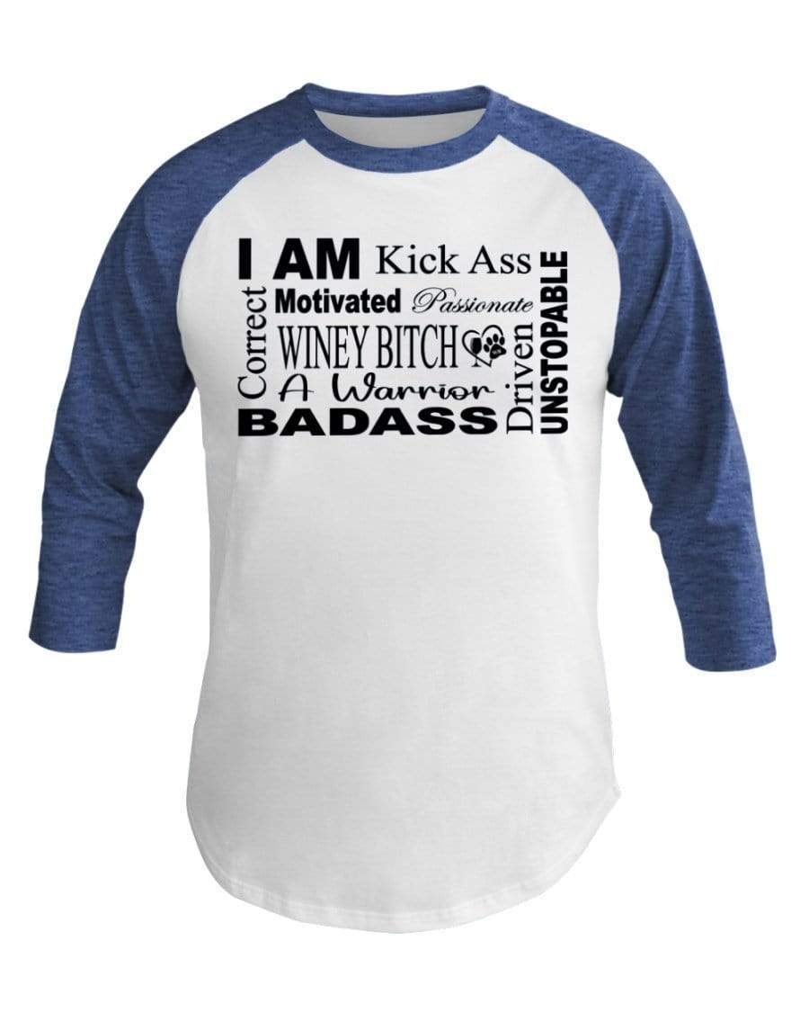 Shirts Wht/Hth Lke Blu / XS Winey Bitches Co "I Am Motivated" Black Lettering-3/4 Sleeve Raglan Shirt WineyBitchesCo