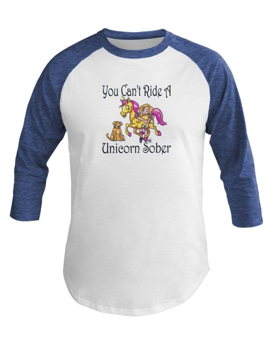 Shirts Wht/Hth Lke Blu / XS Winey Bitches Co "You Can't Ride A Unicorn Sober" 3/4 Sleeve Raglan Shirt WineyBitchesCo