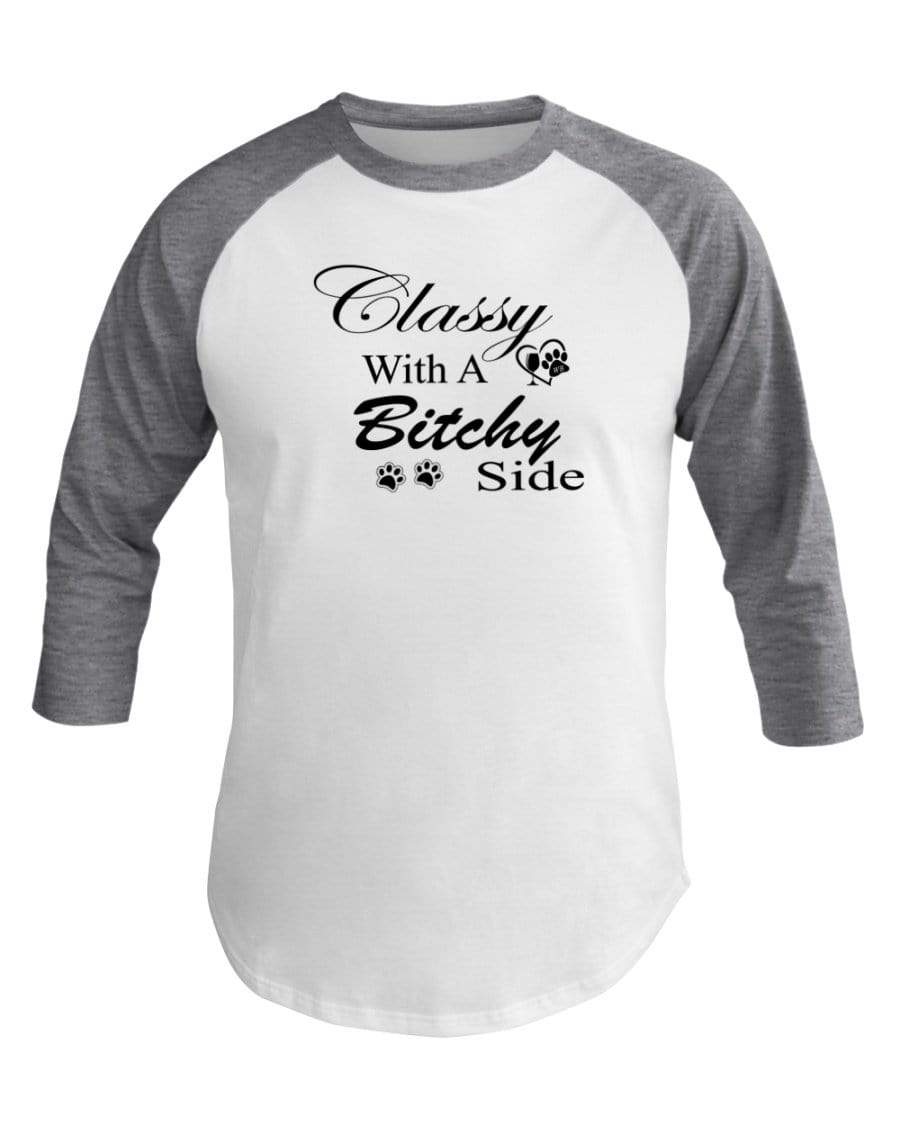 Shirts Wht/Hthr Grey / XS Winey Bitches Co "Classy with a Bitchy Side" White Letters 3/4 Sleeve Raglan Shirt WineyBitchesCo