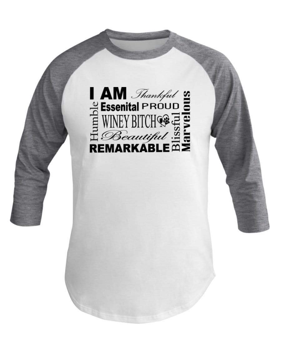 Shirts Wht/Hthr Grey / XS Winey Bitches Co "I Am Proud" Black Lettering- 3/4 Sleeve Raglan Shirt WineyBitchesCo