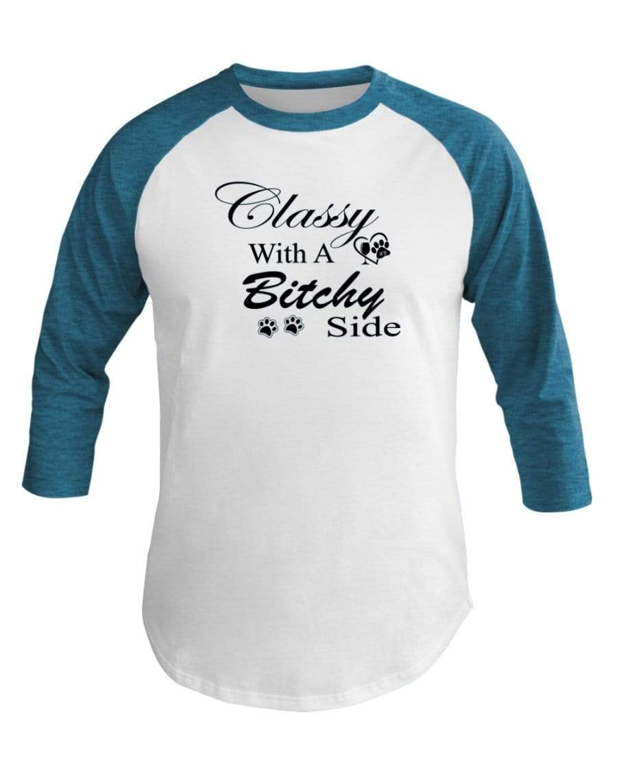 Shirts Wht/Neo Htr Blu / XS Winey Bitches Co "Classy with a Bitchy Side" White Letters 3/4 Sleeve Raglan Shirt WineyBitchesCo