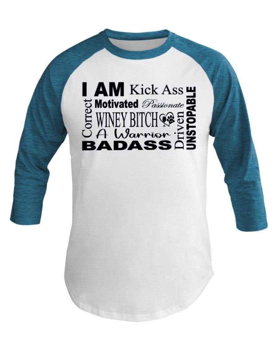 Shirts Wht/Neo Htr Blu / XS Winey Bitches Co "I Am Motivated" Black Lettering-3/4 Sleeve Raglan Shirt WineyBitchesCo