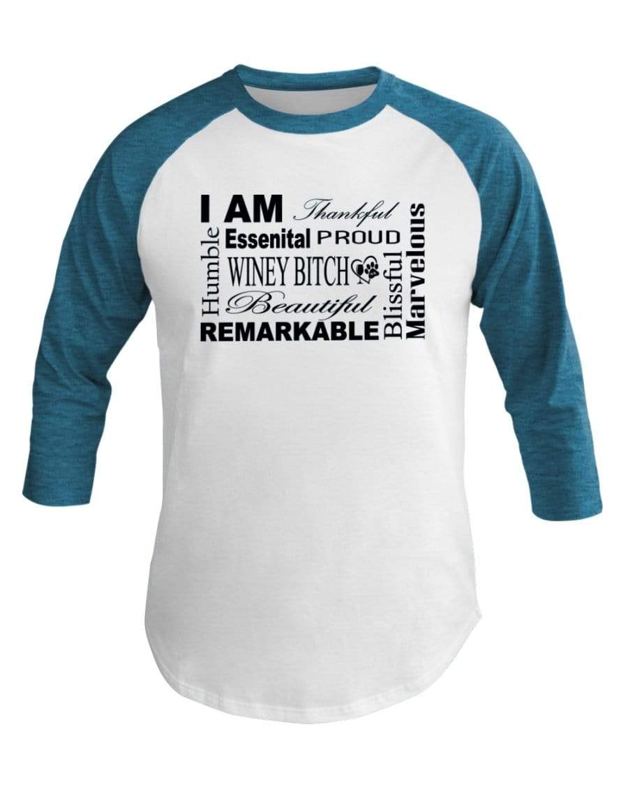 Shirts Wht/Neo Htr Blu / XS Winey Bitches Co "I Am Proud" Black Lettering- 3/4 Sleeve Raglan Shirt WineyBitchesCo