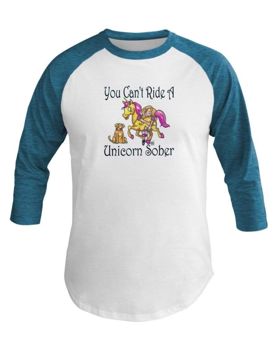 Shirts Wht/Neo Htr Blu / XS Winey Bitches Co "You Can't Ride A Unicorn Sober" 3/4 Sleeve Raglan Shirt WineyBitchesCo