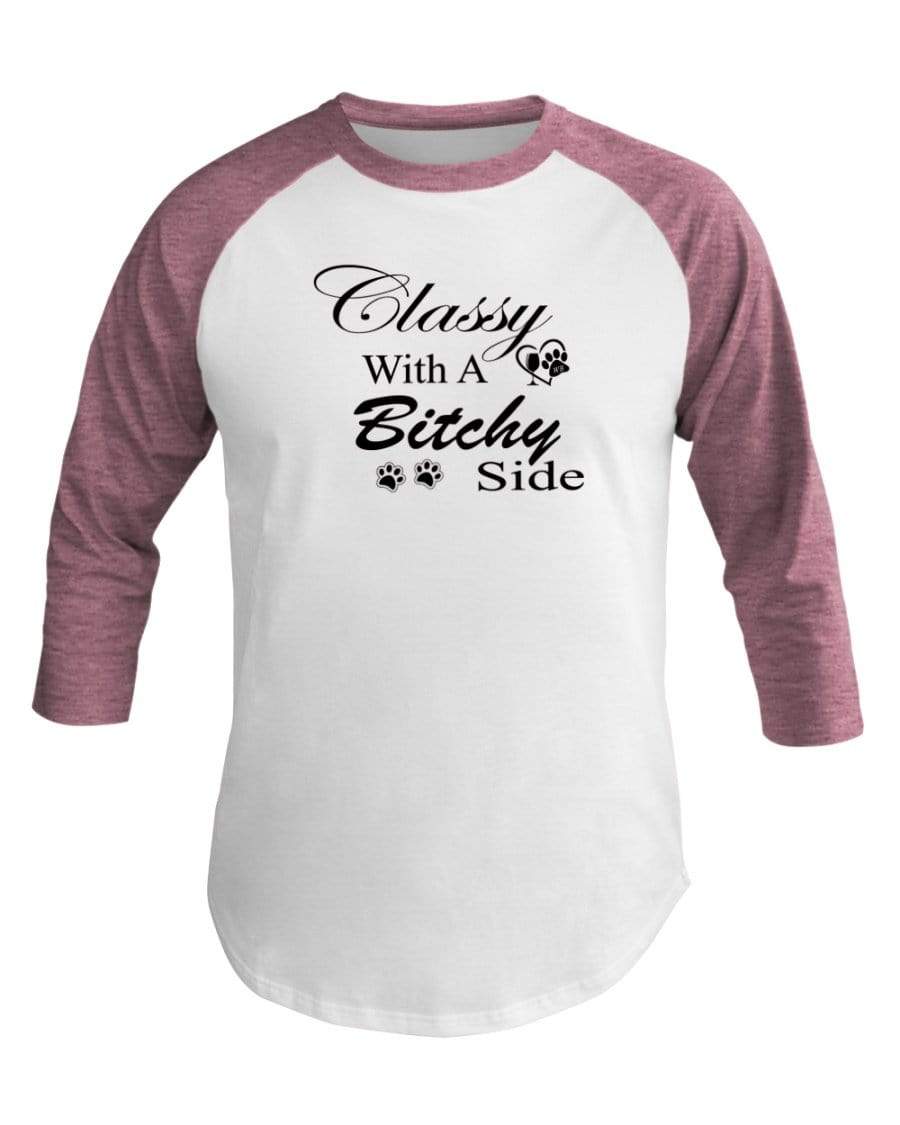 Shirts Wht/Neo Htr Pnk / XS Winey Bitches Co "Classy with a Bitchy Side" White Letters 3/4 Sleeve Raglan Shirt WineyBitchesCo