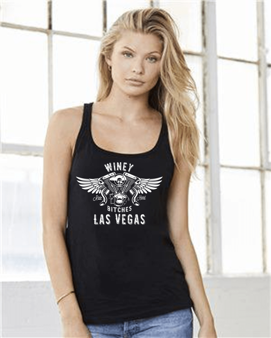 Shirts Winey Bitches "Ride Hard Las Vegas" Ladies Racerback Tank-Wht Ltrs WineyBitchesCo
