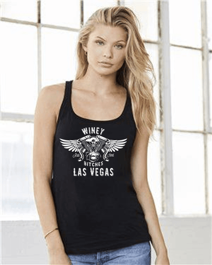 Shirts Winey Bitches "Ride Hard Las Vegas" Ladies Racerback Tank-Wht Ltrs WineyBitchesCo