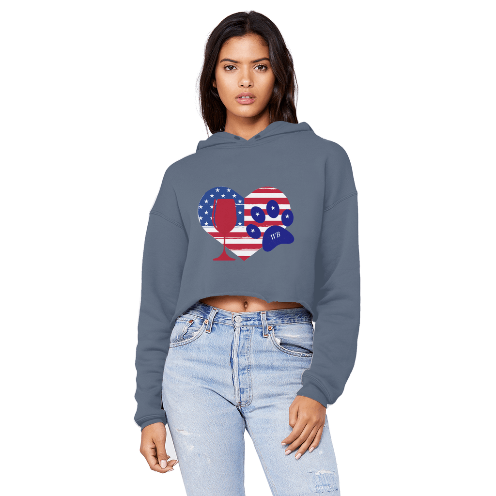 Sweatshirts Airforce Blue / XS WineyBitches.Co American Wine Heart Paw Unisex Cropped Raw Edge Boyfriend Hoodie WineyBitchesCo