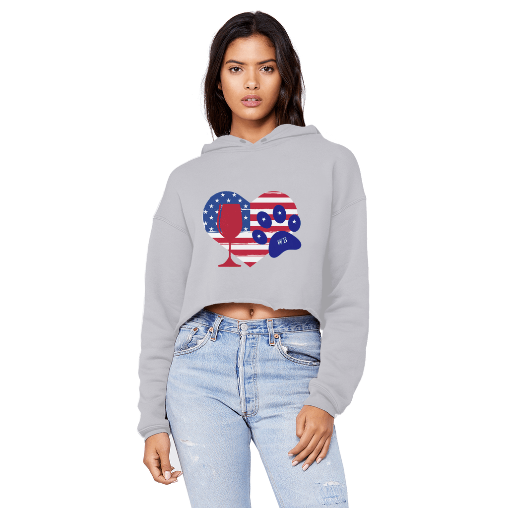 Sweatshirts Ash / XS WineyBitches.Co American Wine Heart Paw Unisex Cropped Raw Edge Boyfriend Hoodie WineyBitchesCo