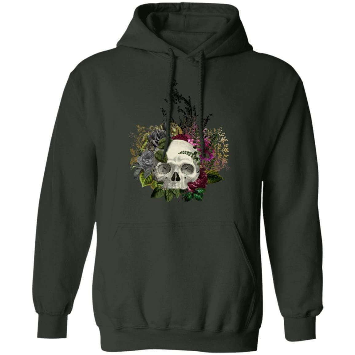 Sweatshirts Forest Green / S Winey Bitches Co Floral Skull Design #1 Pullover Hoodie 8 oz. WineyBitchesCo