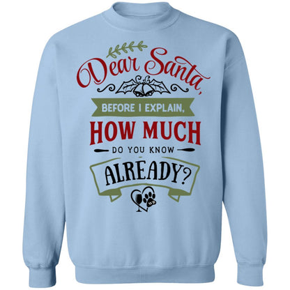 Sweatshirts Light Blue / S WineyBitches.Co "Dear Santa, Before I Explain, How Much Do You Already Know" Crewneck Pullover Sweatshirt  8 oz. WineyBitchesCo