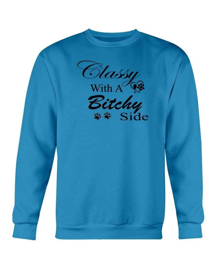 Sweatshirts Sapphire / S Winey Bitches Co "Classy with a Bitchy Side" White Letters Sweatshirt - Crew WineyBitchesCo