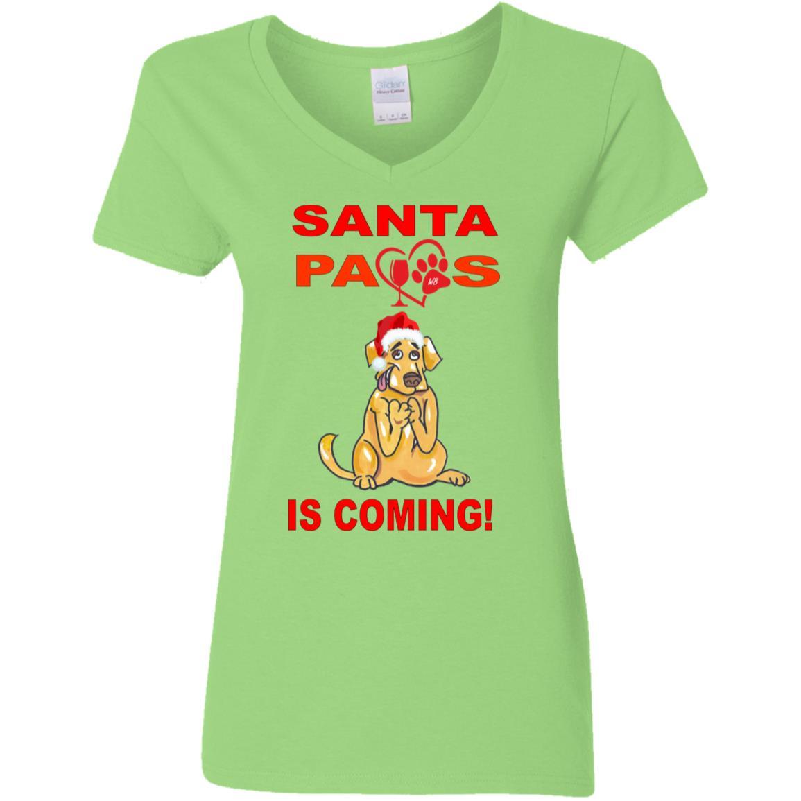 T-Shirts Lime / S WineyBitches.co "Santa Paws Is Coming" Ladies' 5.3 oz. V-Neck T-Shirt WineyBitchesCo