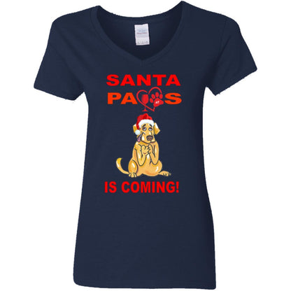 T-Shirts Navy / S WineyBitches.co "Santa Paws Is Coming" Ladies' 5.3 oz. V-Neck T-Shirt WineyBitchesCo