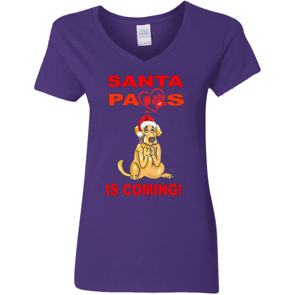 T-Shirts Purple / S WineyBitches.co "Santa Paws Is Coming" Ladies' 5.3 oz. V-Neck T-Shirt WineyBitchesCo